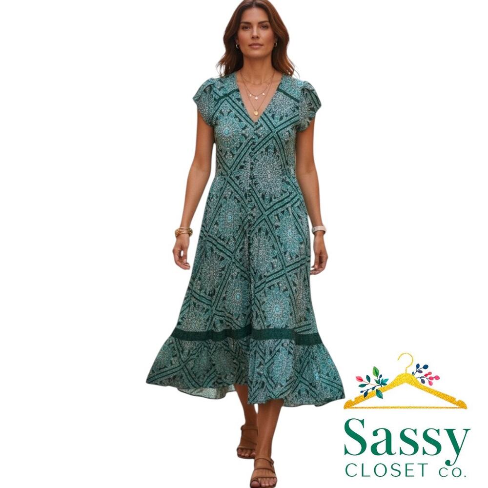APRICOT Turquoise Black Tiered Lace Maxi Dress 8 UK 12 Smocked Pockets EUC